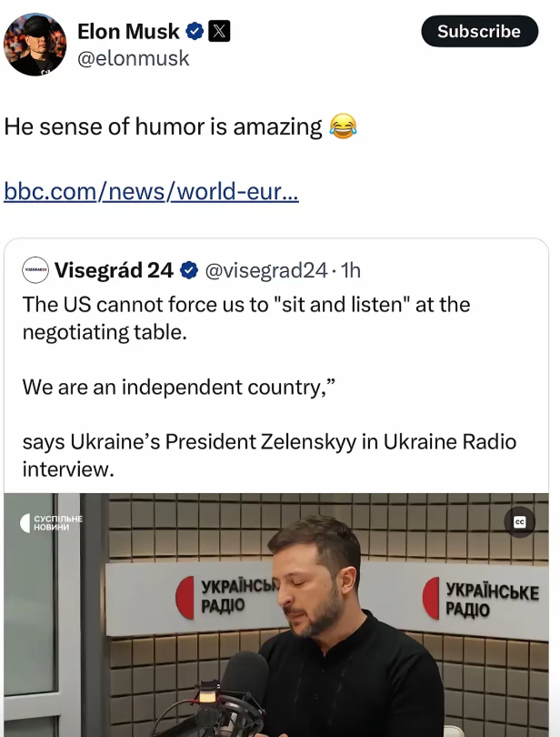 马斯克这算不算是在嘲笑泽连斯基呢？
泽连斯基在接受乌克兰电台的采访时说：美国不能