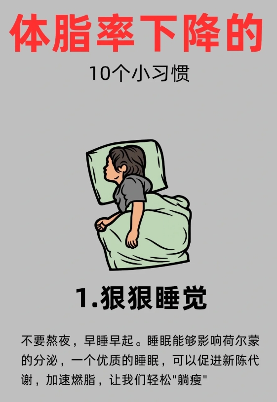 体脂率下降的十个技巧，99%的人不知道！

1.狠狠睡觉

2.早餐一定要吃
