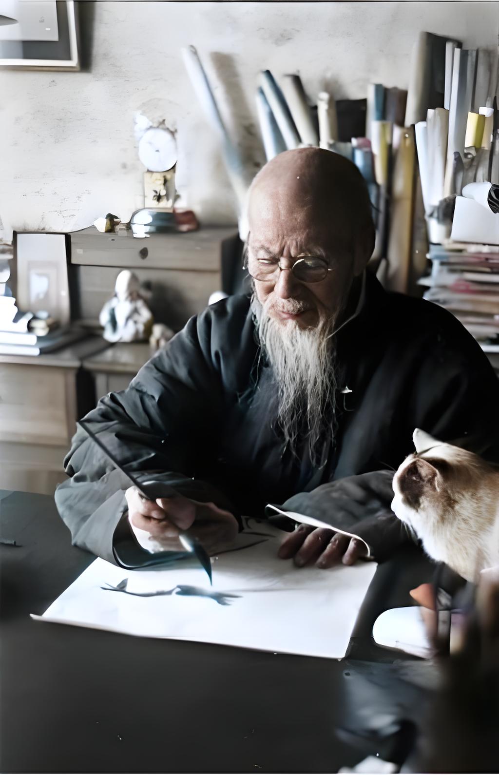 照片中画虾的齐白石和他的猫