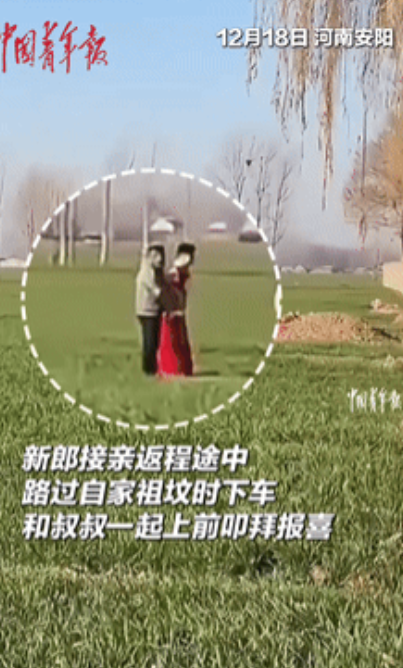 看着看着就哭了！河南安阳，新郎接亲返回途中路过祖坟，和叔叔一起上前叩拜报喜！路人