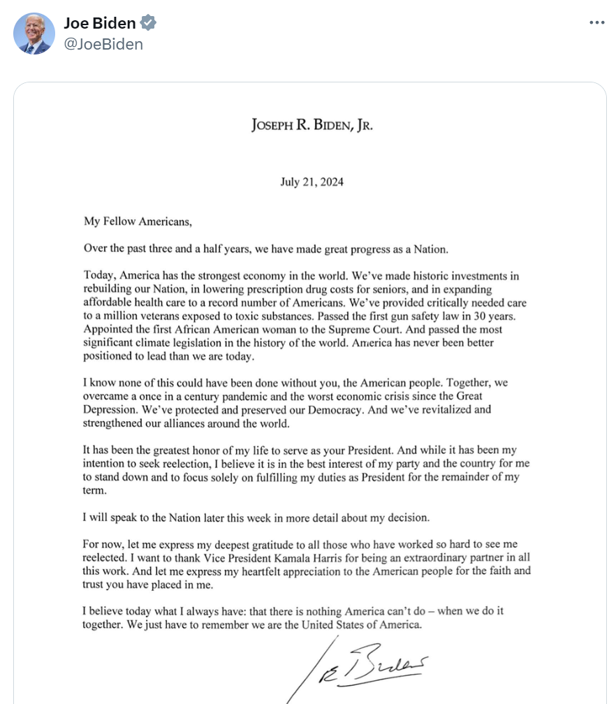 拜登退出连任竞选声明-词条整理