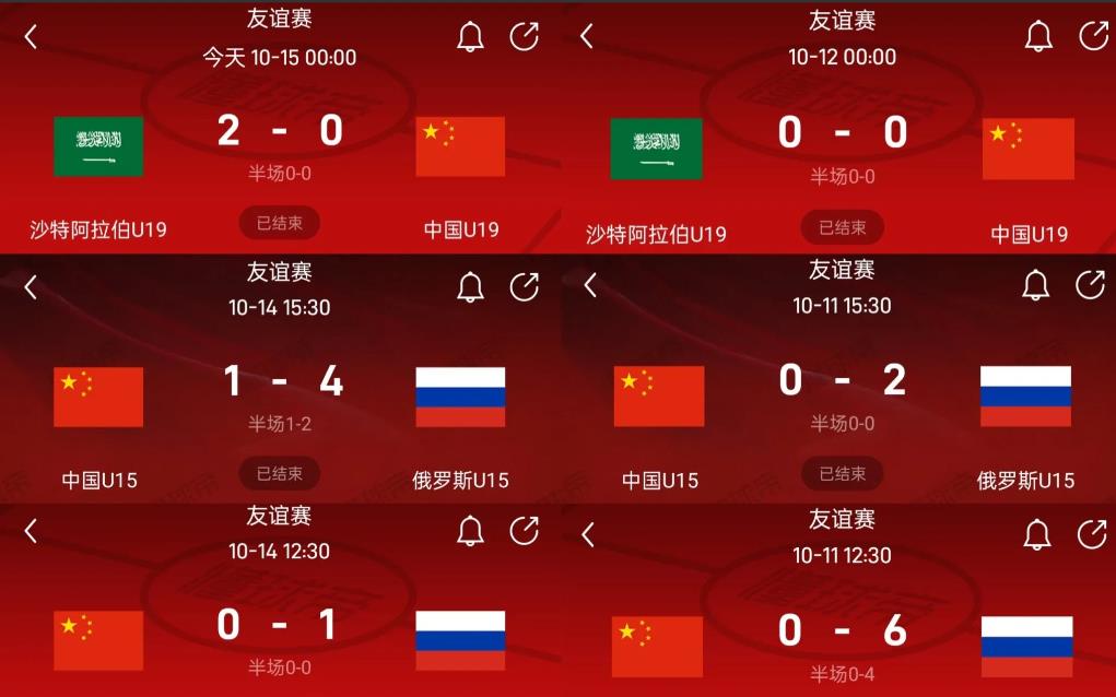 👉这是这个国际比赛日中国足球国字号梯队的比赛成绩：
🔴U15：1-4俄罗斯，