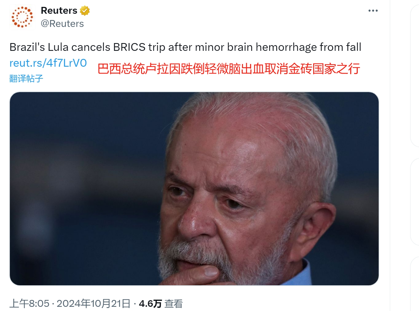 巴西总统因摔跤取消金砖之行