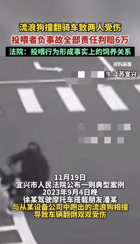 江苏宜兴，一名男子骑摩托带着朋友路过某公司门口，一只流浪狗窜出将车子绊倒。两人摔