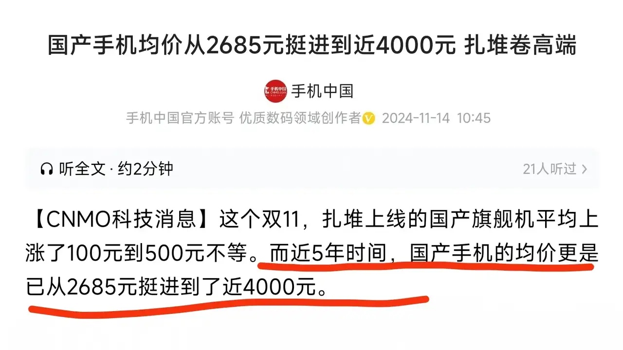 没想到，国产手机均价马上就突破4000元！要知道，五年前的国产手机均价还在268