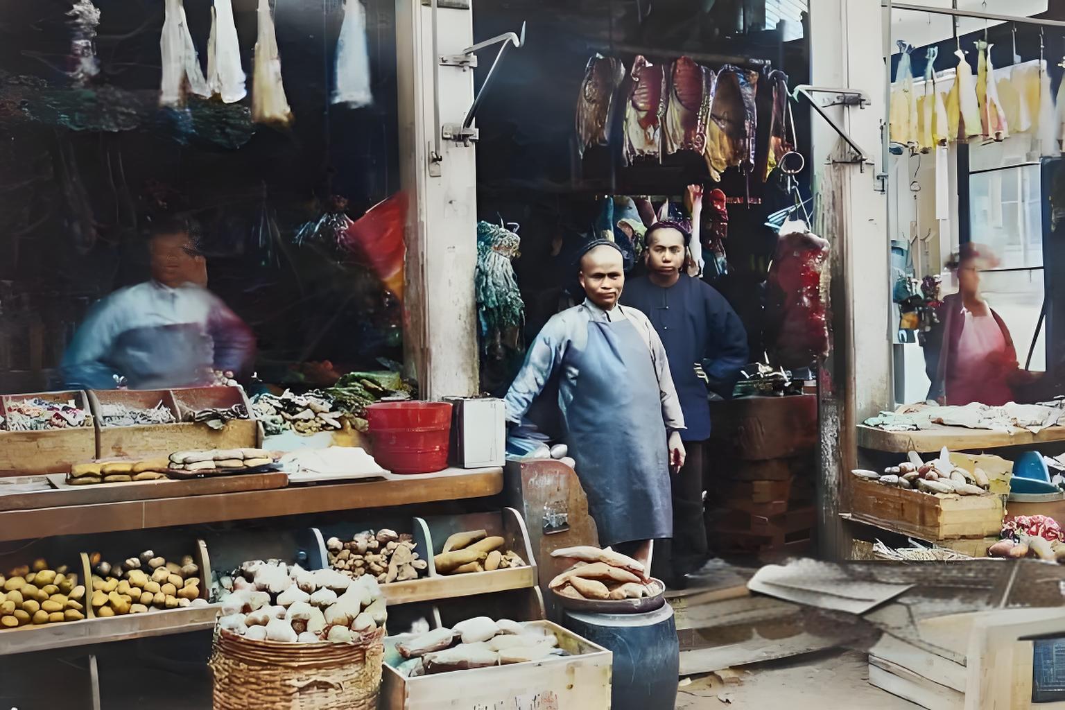 1885年前后，美国加利福尼亚州旧金山街头，一家中式混杂店
