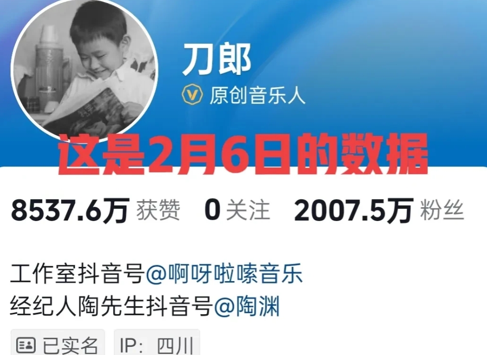 刀郎抖音账号粉丝还在继续往下掉，2000多万的粉丝量掉了5到6万也不算太多，但是