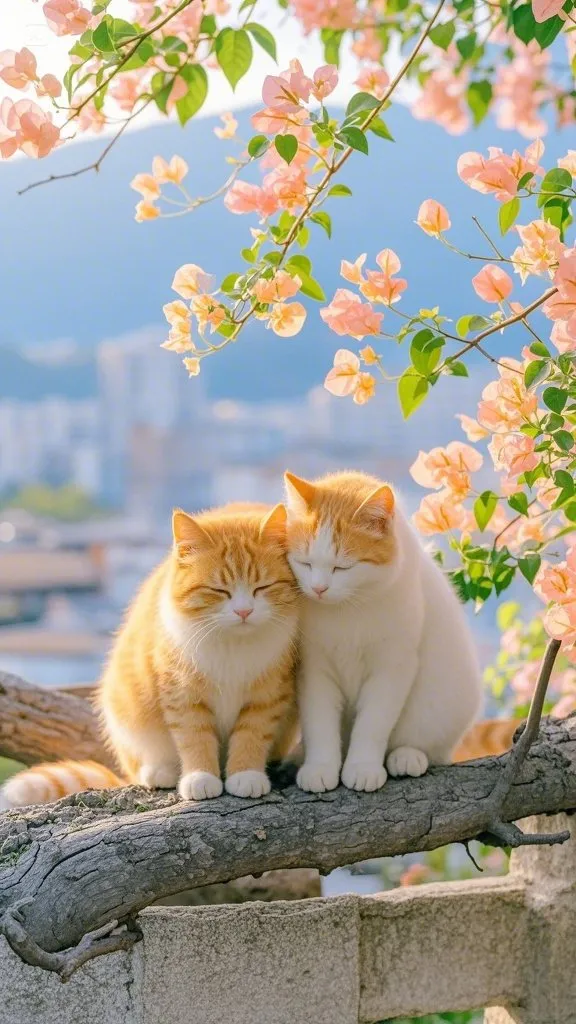 斑驳的老墙头上，两只猫猫相依而坐