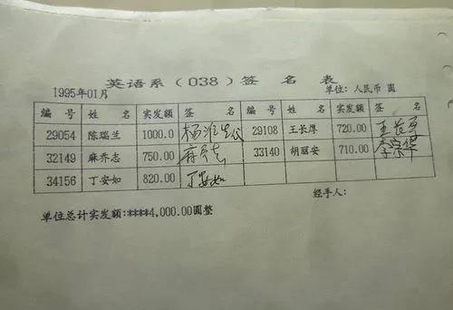 这是一张1995年1月的工资表，从表上的“英语系”三字来看，这应该是某所高校教师