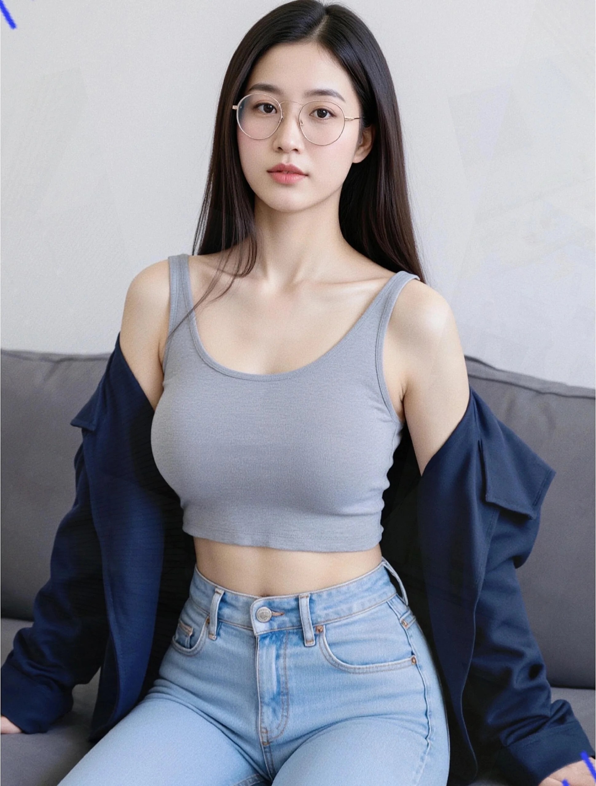 灰背心搭蓝牛仔，外搭深蓝外套，简约时尚风。

