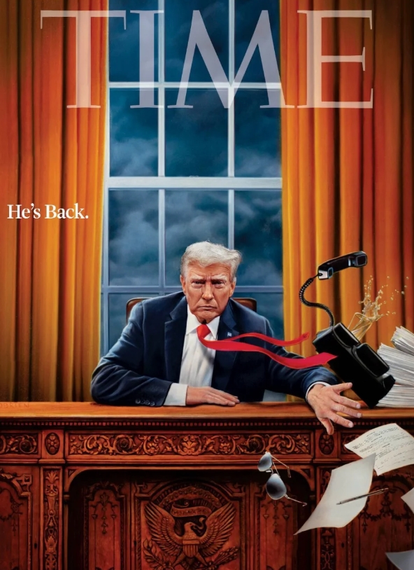 特朗普世界三大名刊封面秀。

《Time》封面是一张特朗普坐在办公桌前，横扫电话