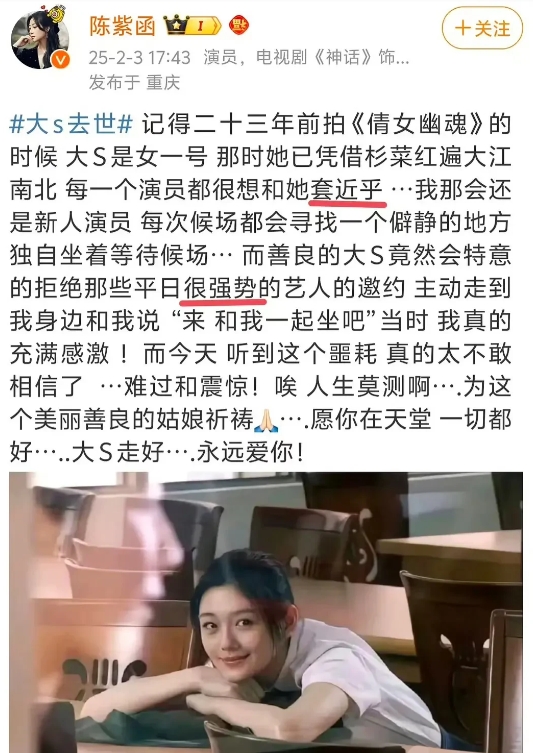 一直善良的她
受尽了世人的冷眼
演员陈紫函发文悼念，大S拍戏期间，对待新人演员非