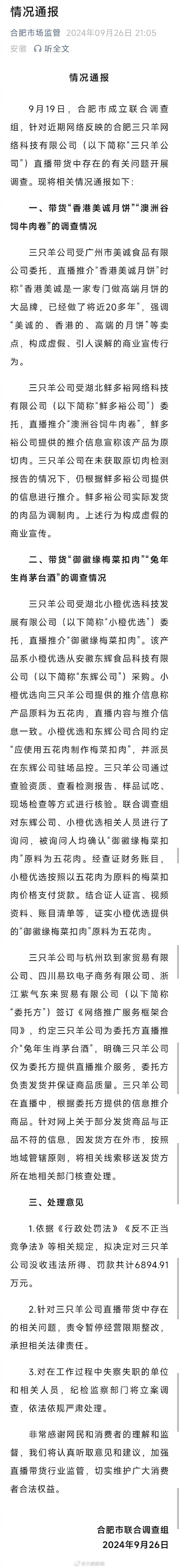 合肥通报三只羊问题调查情况