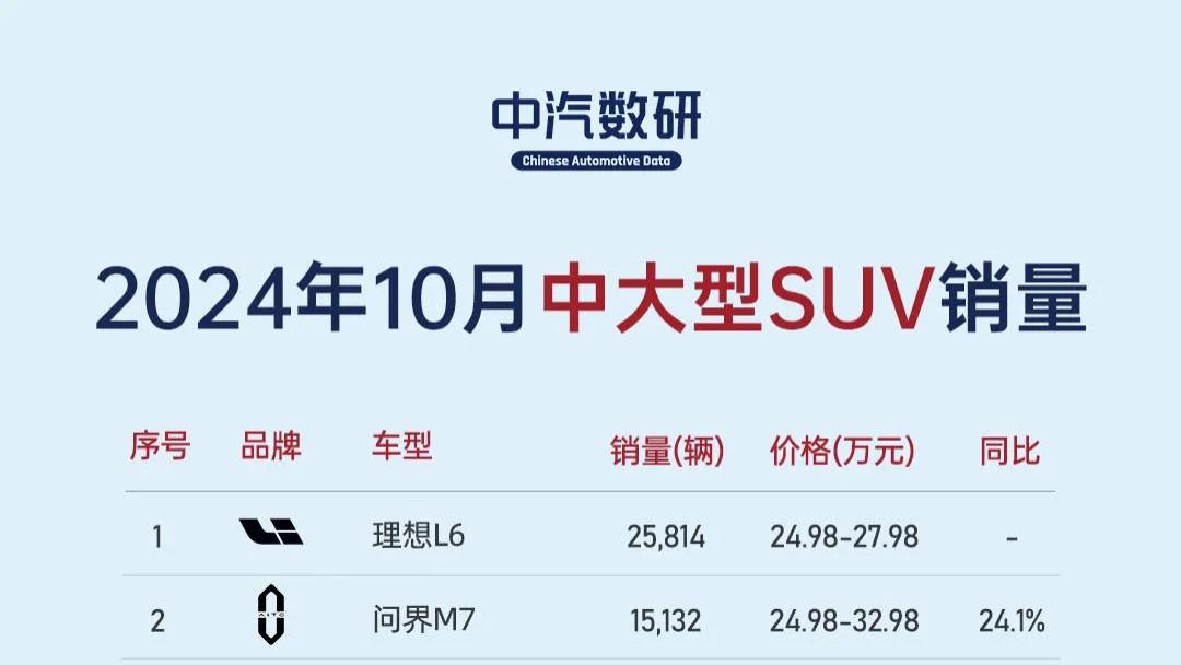 2024年10月中大型SUV销量总榜