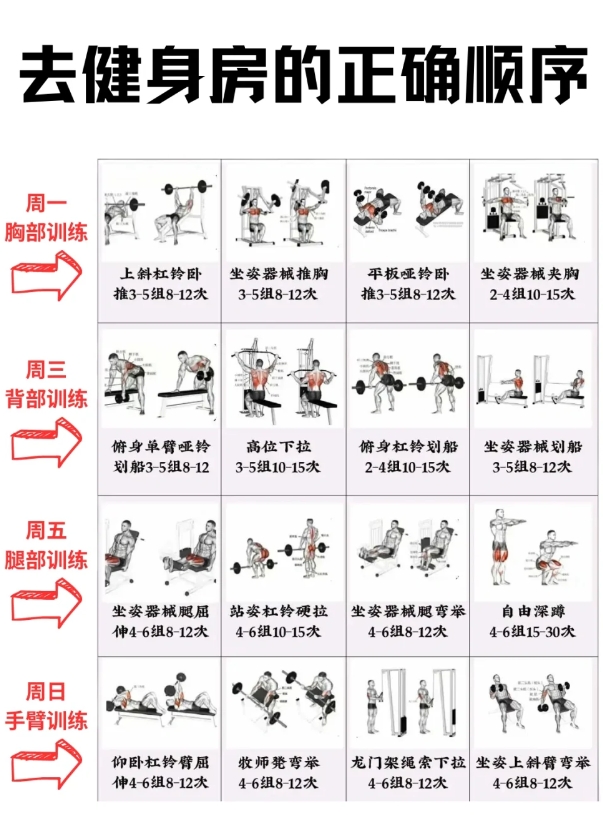 去健身房的正确顺序，家人们，健身房一周健身顺序。