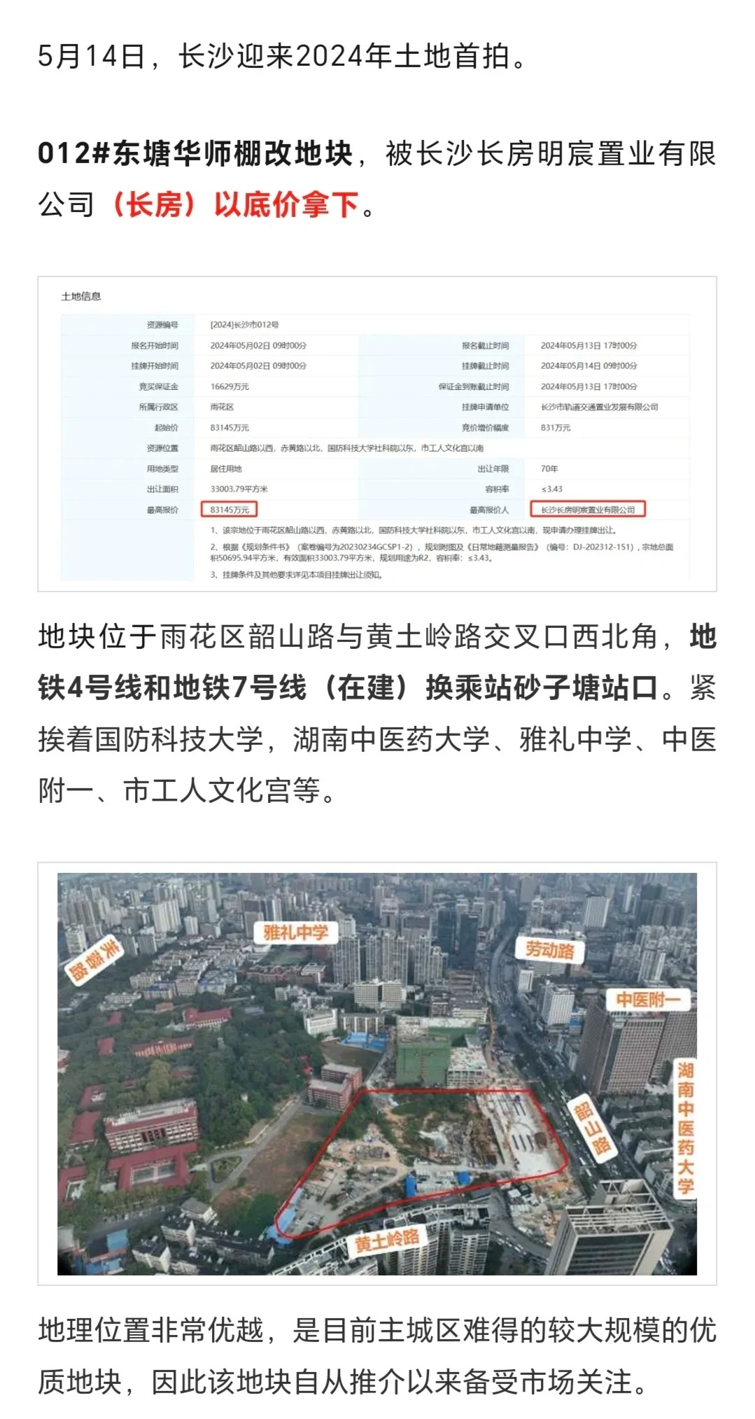 哎！白瞎了“王炸”地块
长沙2024年首拍，东塘华狮棚改地块最终被长房底价拿下，