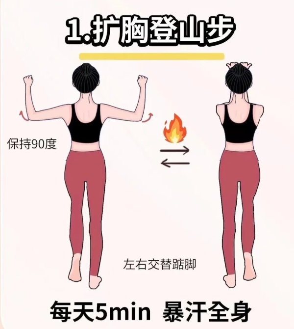 适合女生的3个动作，每天十分钟。

1.扩胸登山步

2.转肩

3.巨瘦大腿根