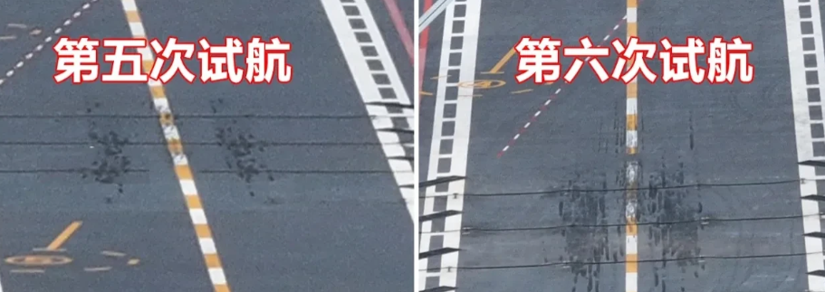美国这次又得破防，福建舰两次甲板轮胎印对比，最少进行了几十架次舰载机弹射！

福