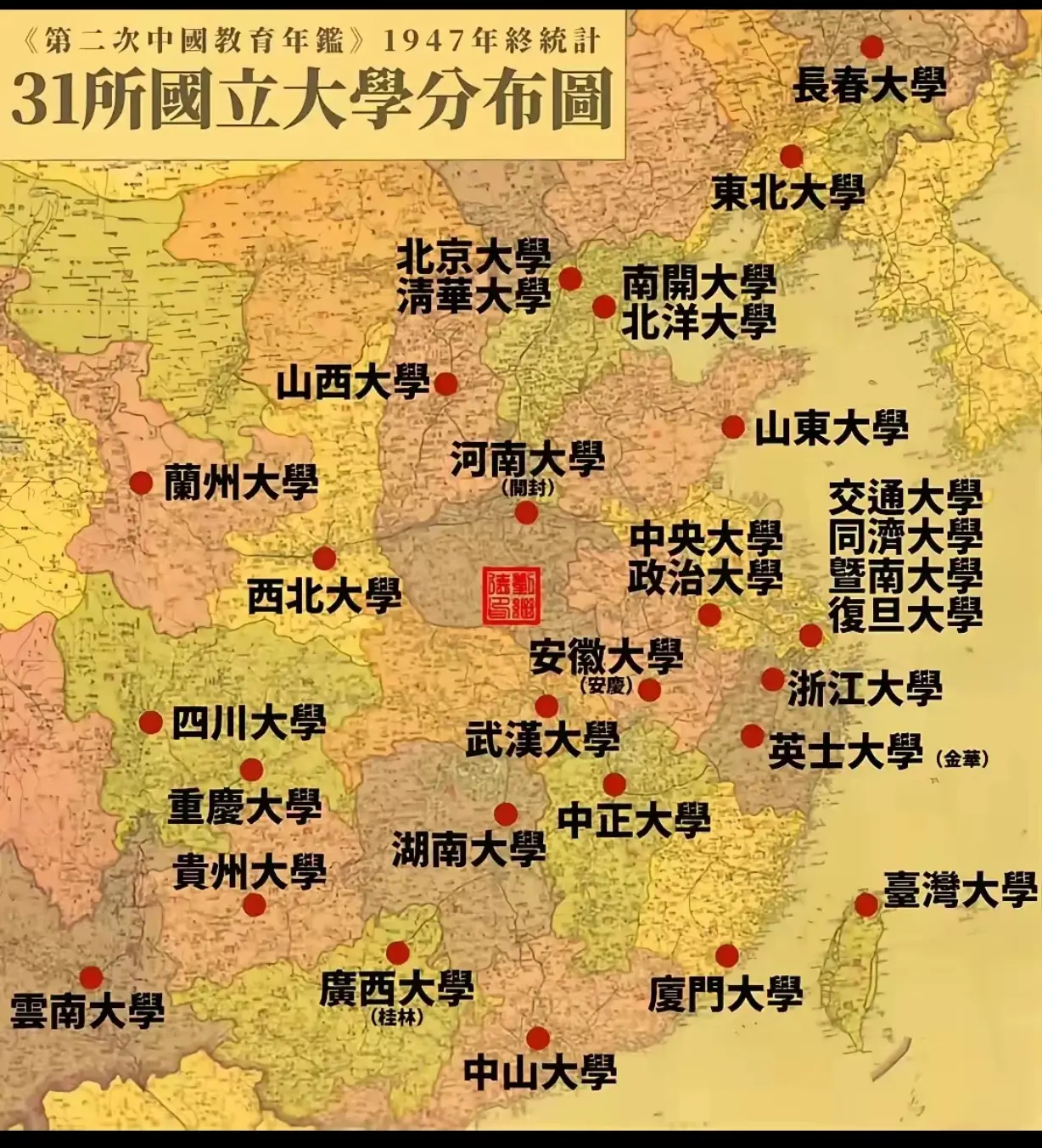 中国第一批国立大学。大部分都在。
