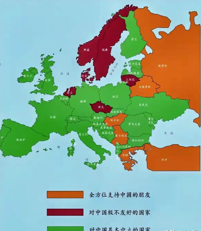 这张图反映欧州各国对华立场，但并不准确。
1.波兰、瑞典都是反中先锋，波罗的海三