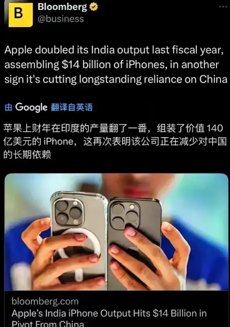 苹果手机已经大步离开中国了。据彭博社消息，苹果上财年在印度的产量翻了一倍，组装了