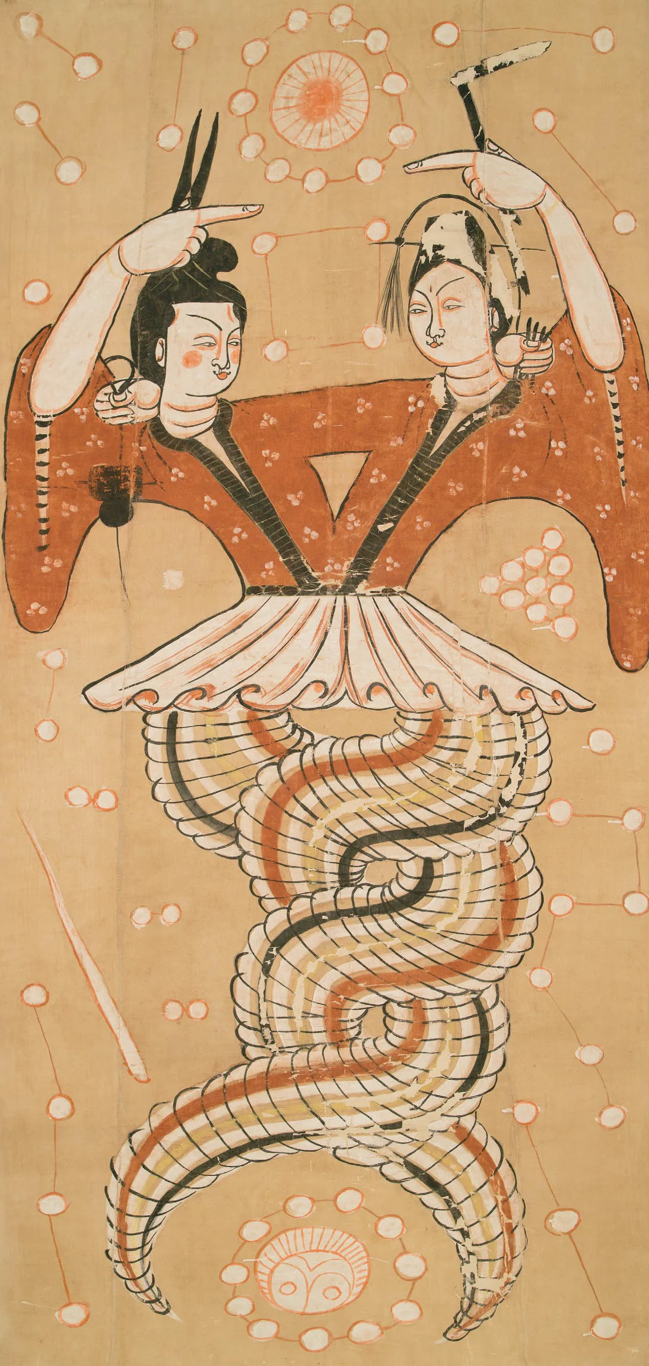《伏羲女娲图》1967年在吐鲁番市阿斯塔那76号墓出土，最为争议的是女娲、伏羲兄