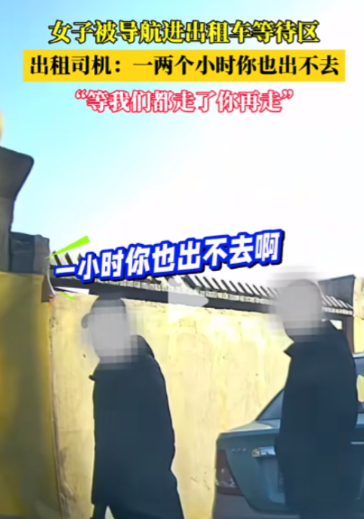 12月4日，天津，一女子开车被导航带到出租车等候区，10多个司机师傅一动不动，女