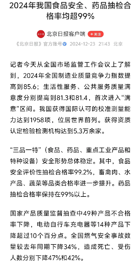 2024年，我国食品、药品的抽检合格率均超99%！
虽然之前曝出了诸多食品、药品