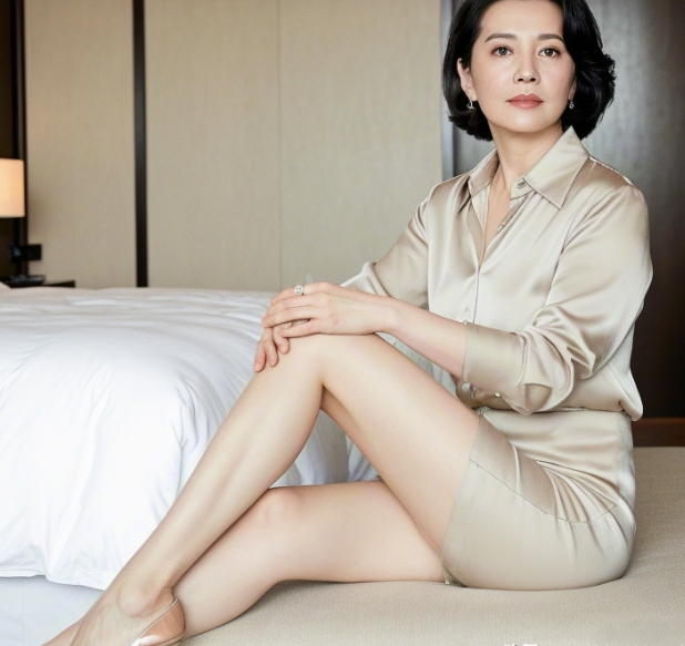 岁月何曾败美人，半老徐娘韵更醇。
丝缎衣衫添雅意，眸光流转绽情真。
纤肢玉腿姿容