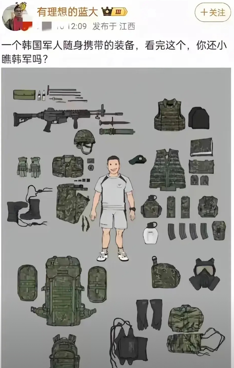 网友：看看韩国军人随身携带的装备，你还会小瞧韩军吗？
回答：“确实不能小瞧韩军，