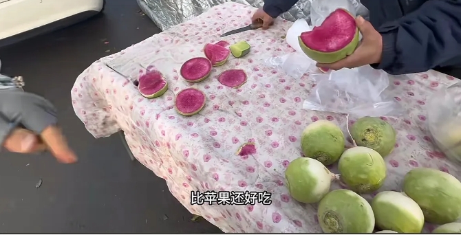 两个姑娘去到哈尔滨旅游，在菜市场上看到有卖萝卜的，大哥说这个萝卜嘎嘎脆嘎嘎甜，比