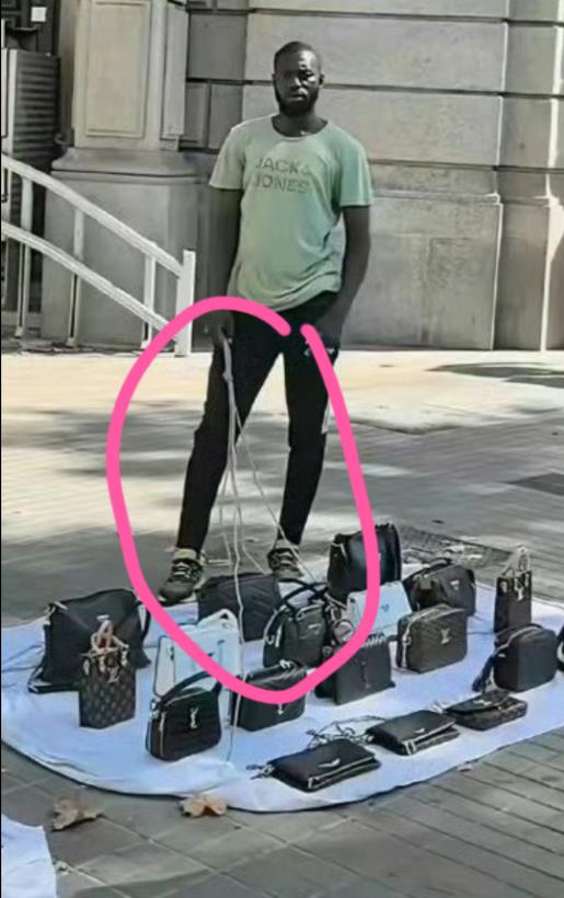 老外摆地摊卖高奢包竟然要栓绳。
这意思是：我抢来的我也怕被别人抢走？