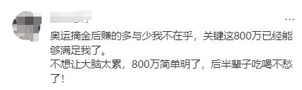奥运摘金后赚的多与少我不在乎，关键这800万已经能够满足我了。

不想让大脑太累