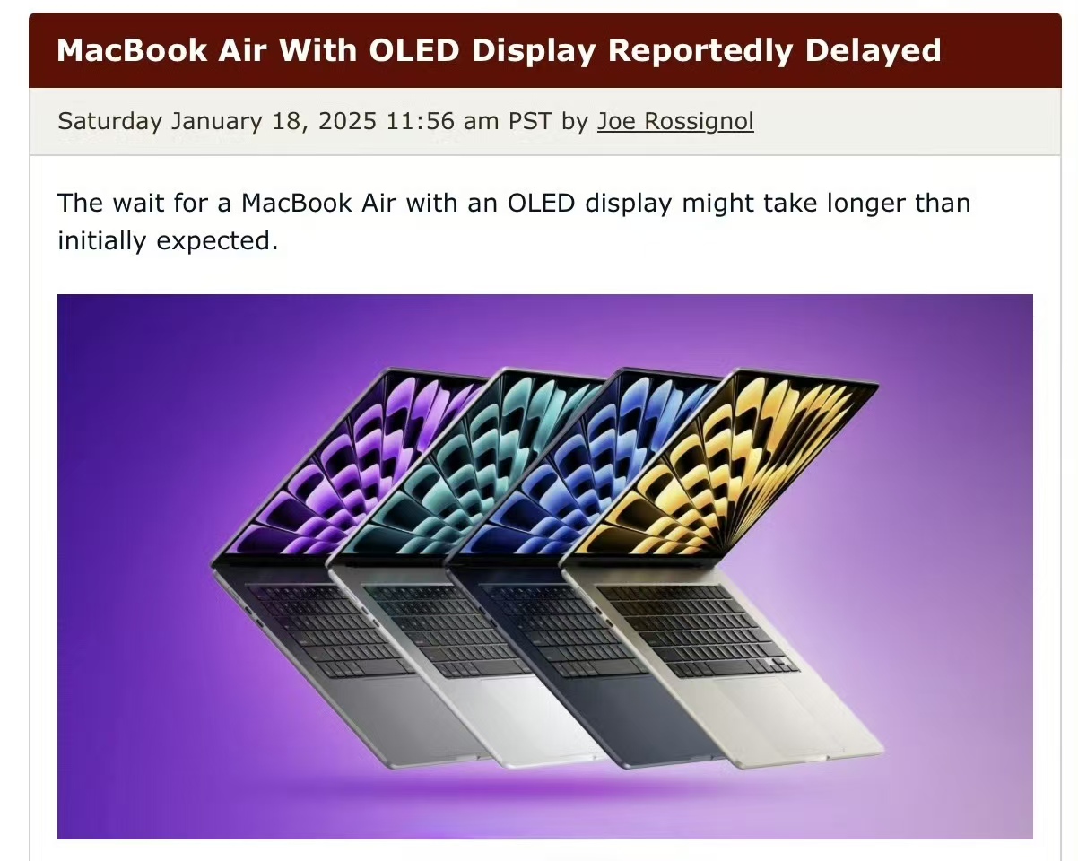 【苹果延迟其 OLED 版本MacBook Air 上市时间至 2027 年 】