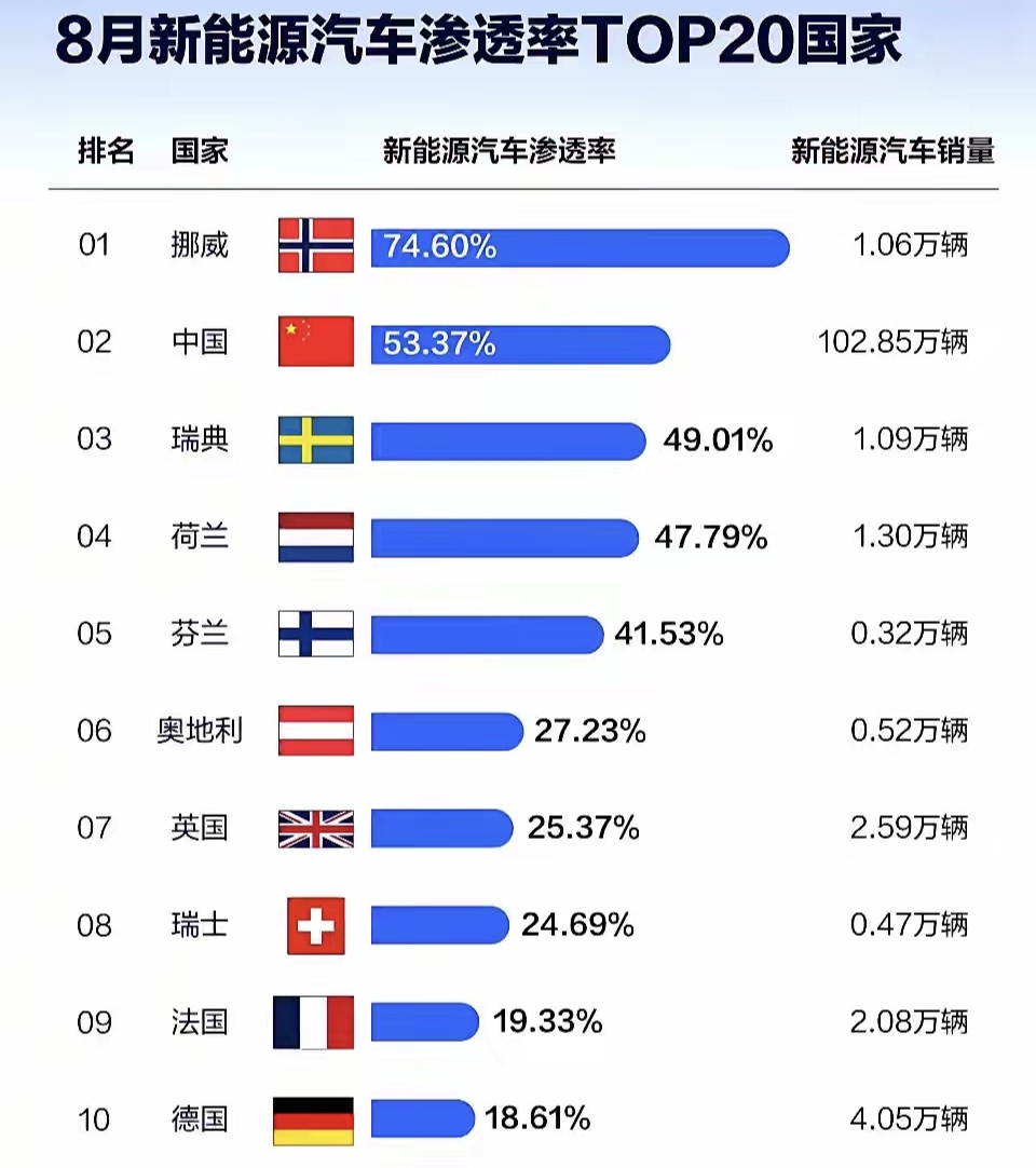 全球真的只有中国玩电动汽车？
本以为全球各国都在推广电动汽车，结果查了一下8月销