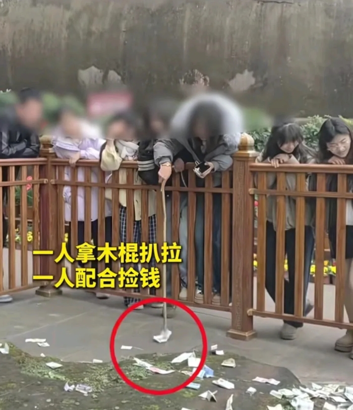 乐山大佛景区，两个女生配合捡走游客扔的“祈福钱”，一个负责用棍子把钱扒拉过来，一