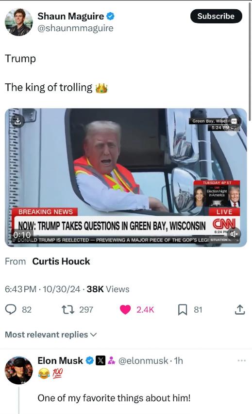 Shaun Maguire：懂王，恶搞之王！
马斯克：100%！
懂王虽已接近8