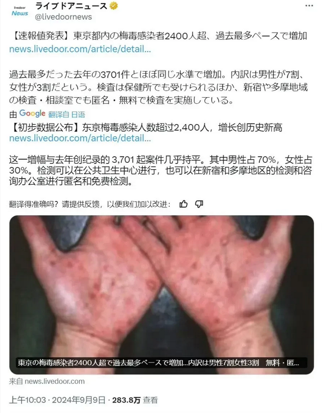 日本东京，竟成了梅毒之城。。。梅毒感染人数超过2400人，增长创下日本历史新高 