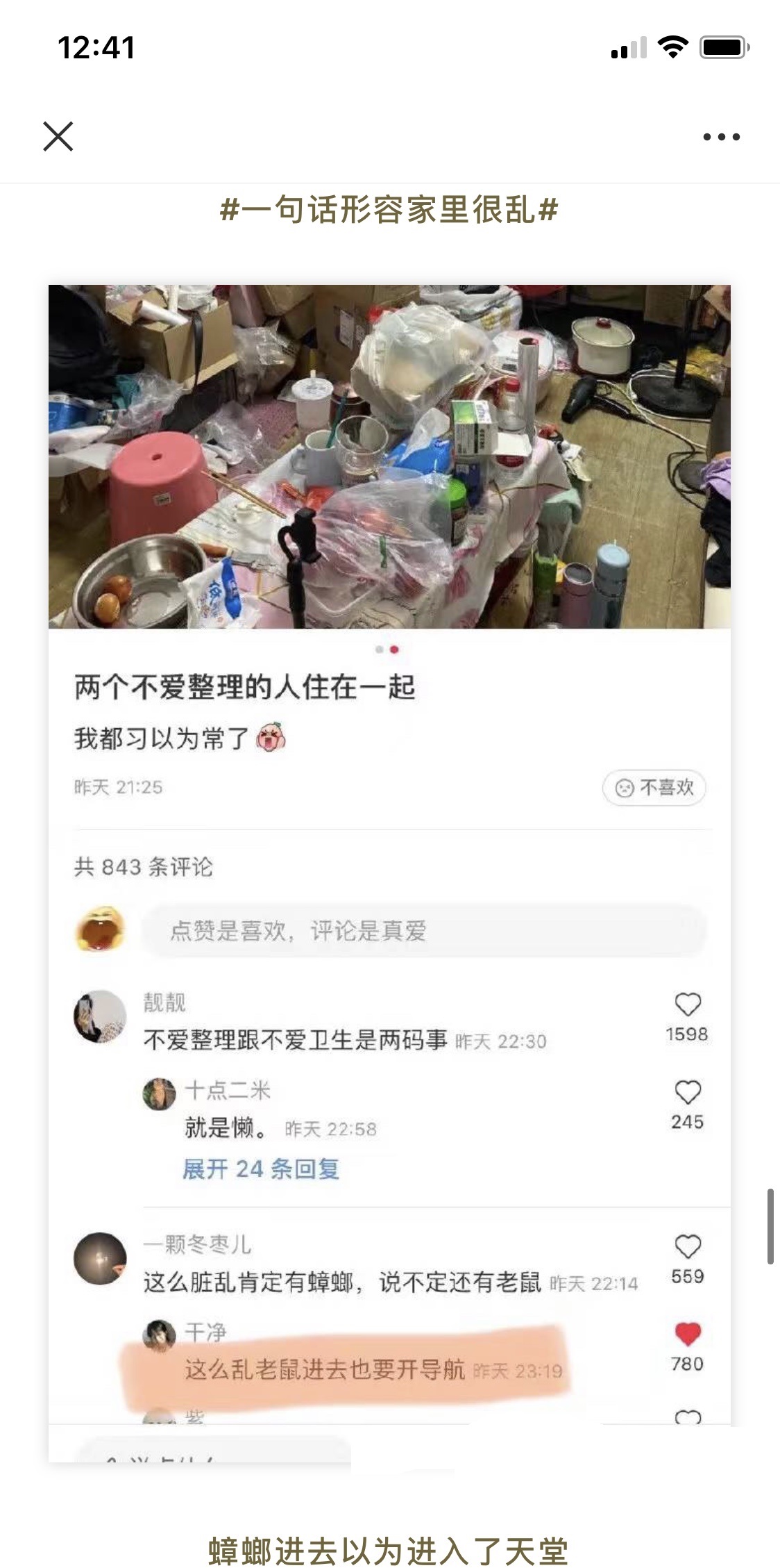 一句话形容家里很乱