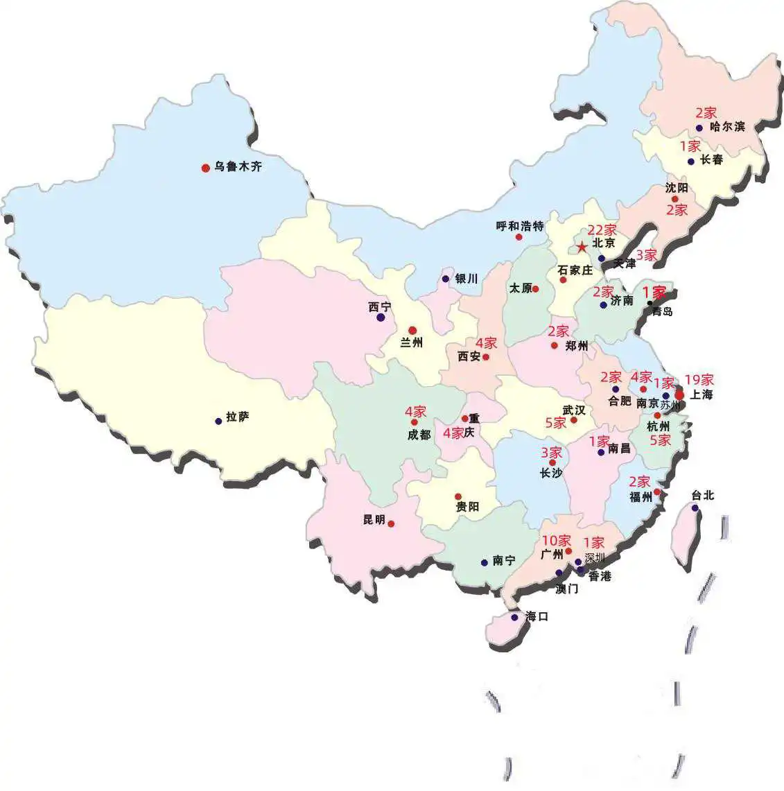 中国内地城市百强医院分布。