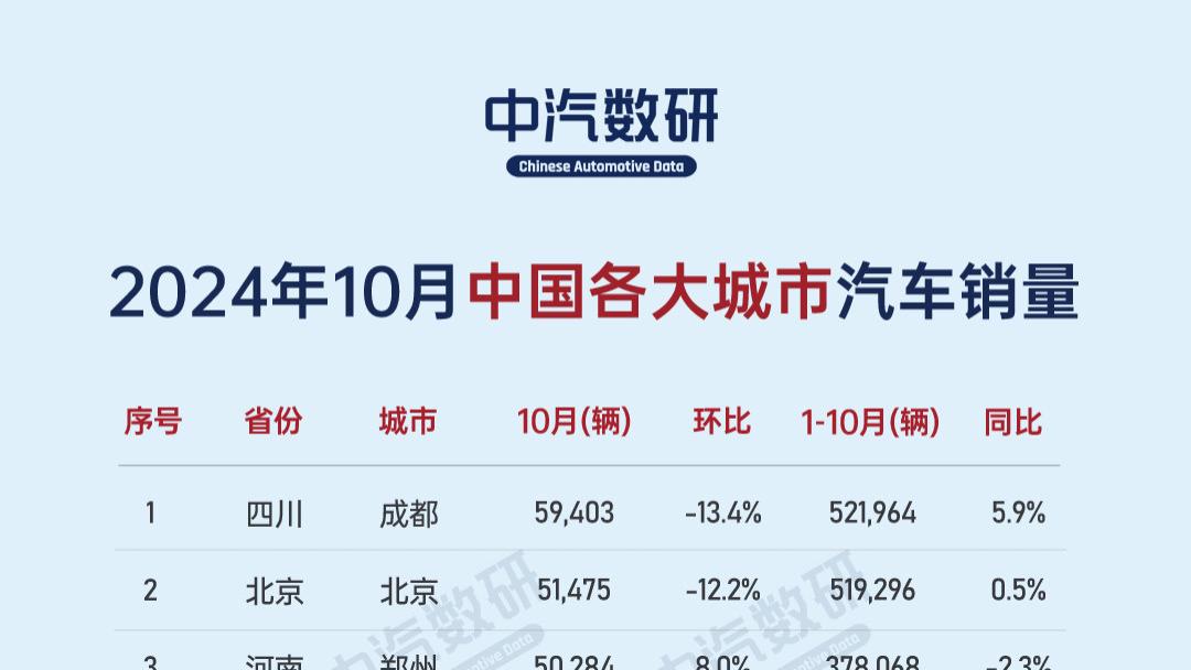 2024年10月各大城市汽车销量排行榜