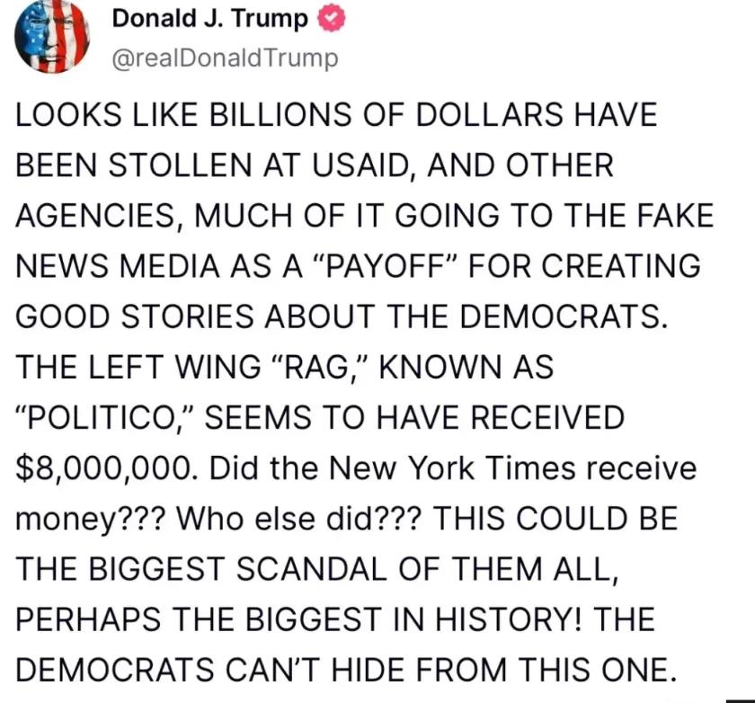 美国国际开发署重金收买左媒？马斯克揭露史上最大丑闻！
特朗普6号发帖称，美国国际