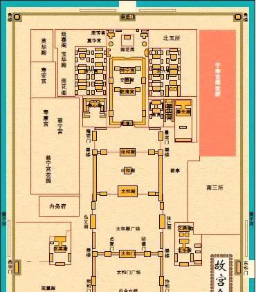 故宫由外朝与内廷两部分组成。外朝以太和殿（金銮殿）、中和殿、保和殿三大殿为中心，