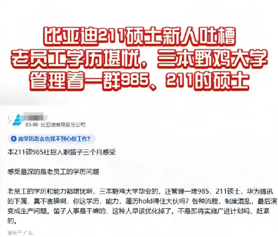 比亚迪985硕士吐槽：老员工野鸡大学三本，竟然管理着一群985、211～硕士！