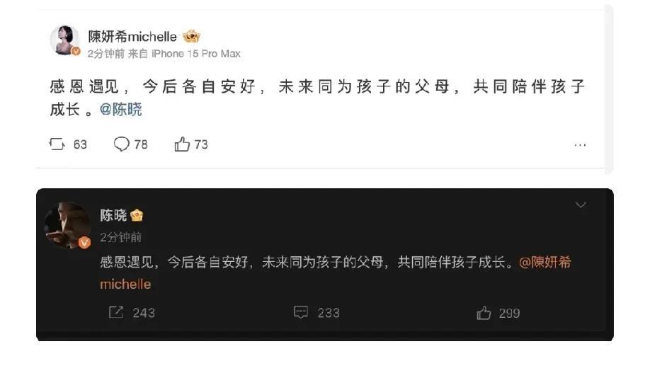 陈晓，陈妍希官宣离婚，真是太意外了！

陈妍希发文说，感恩遇见，今后各自安好，未