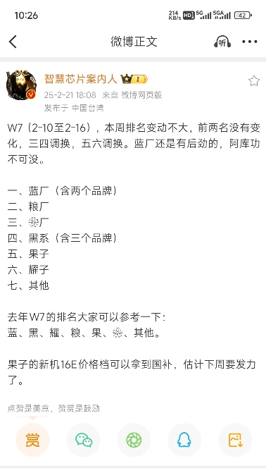爆国内手机最新周销量排行榜华为不敌小米vivo屈居第三！

某博主微博爆料爆国内