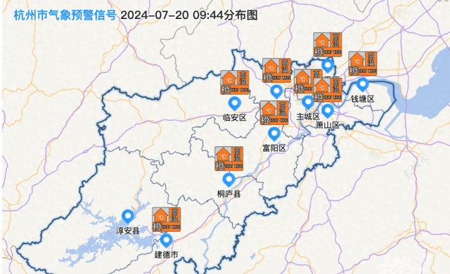 早上9:05，临平区率先发布高温橙色预警信号。9时40分，杭州市气象台发布高温橙