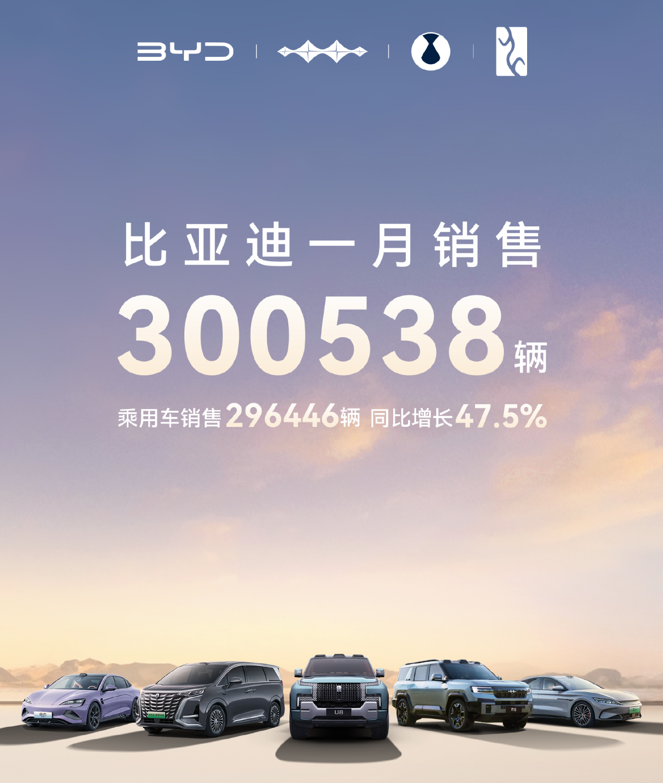 比亚迪一月份卖出了300538辆车，其中乘用车为296446辆车。

主力车型还