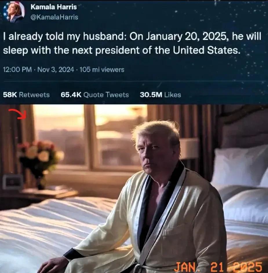 又是这句话，哈里斯曾说2025年1月20日她老公将与美国下一任总统同床共枕，这可