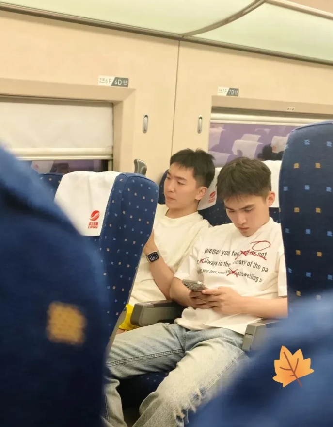 坐高铁回家时，在车上看见隔壁坐着两位帅气的小哥哥。
好想上去打个招呼，顺便要个联